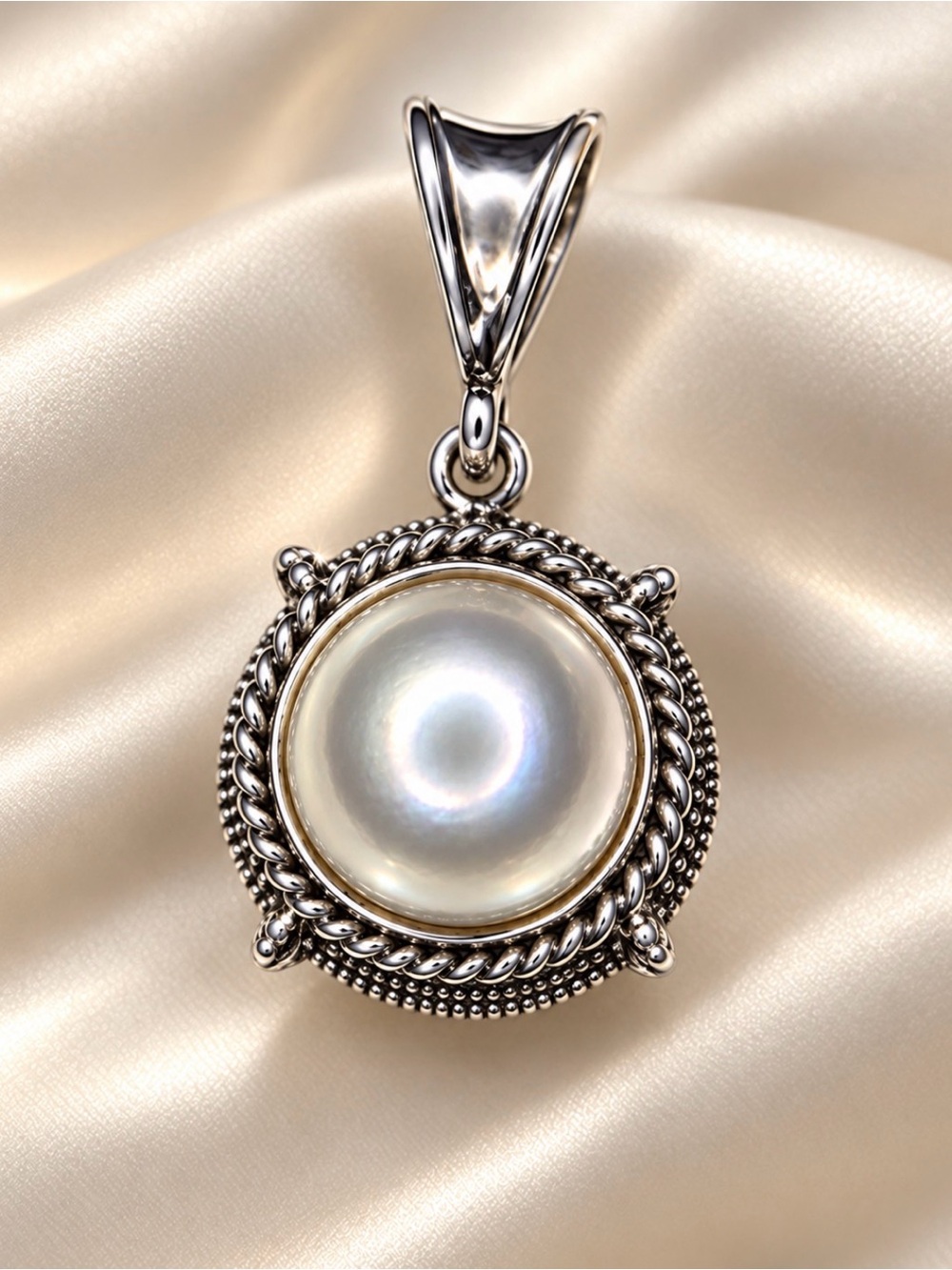 Sterling Silver White Pearl Rope-Edge Pendant
